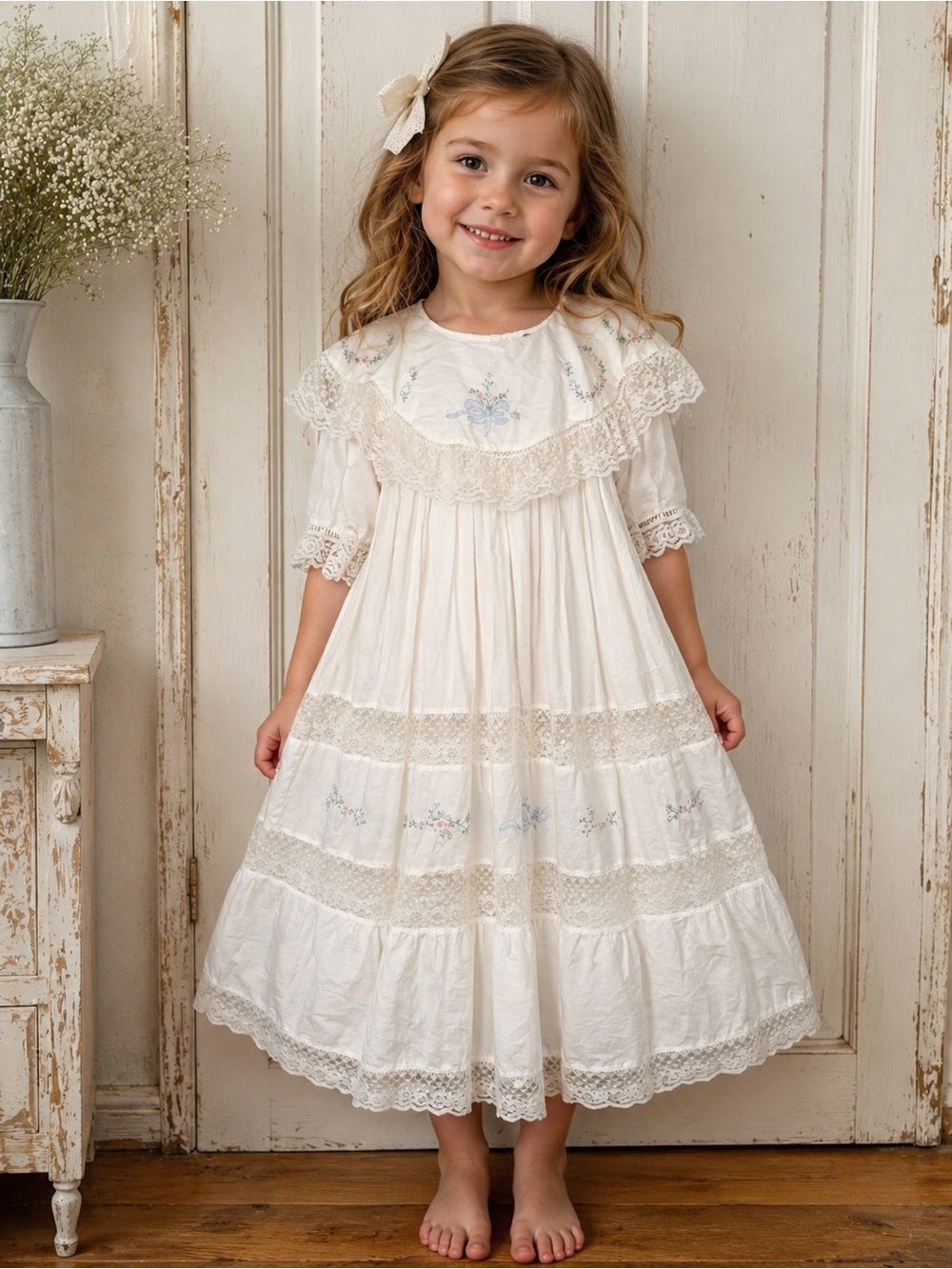 VTG 80s Strasburg Lace White Cotton Girls Portrait Dress 5 w Orig Hanger EUC